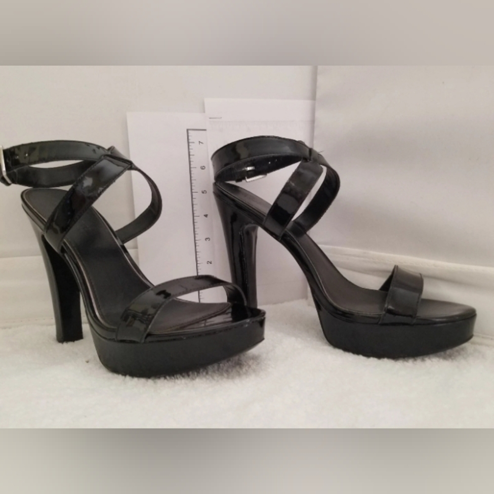Ralph Lauren Sexy Black Patent Leather Strappy High Heel Platform Sandals (Sz 6)